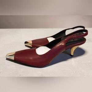 Burgundy Leather Slingback Heels with Gold Cap Toe